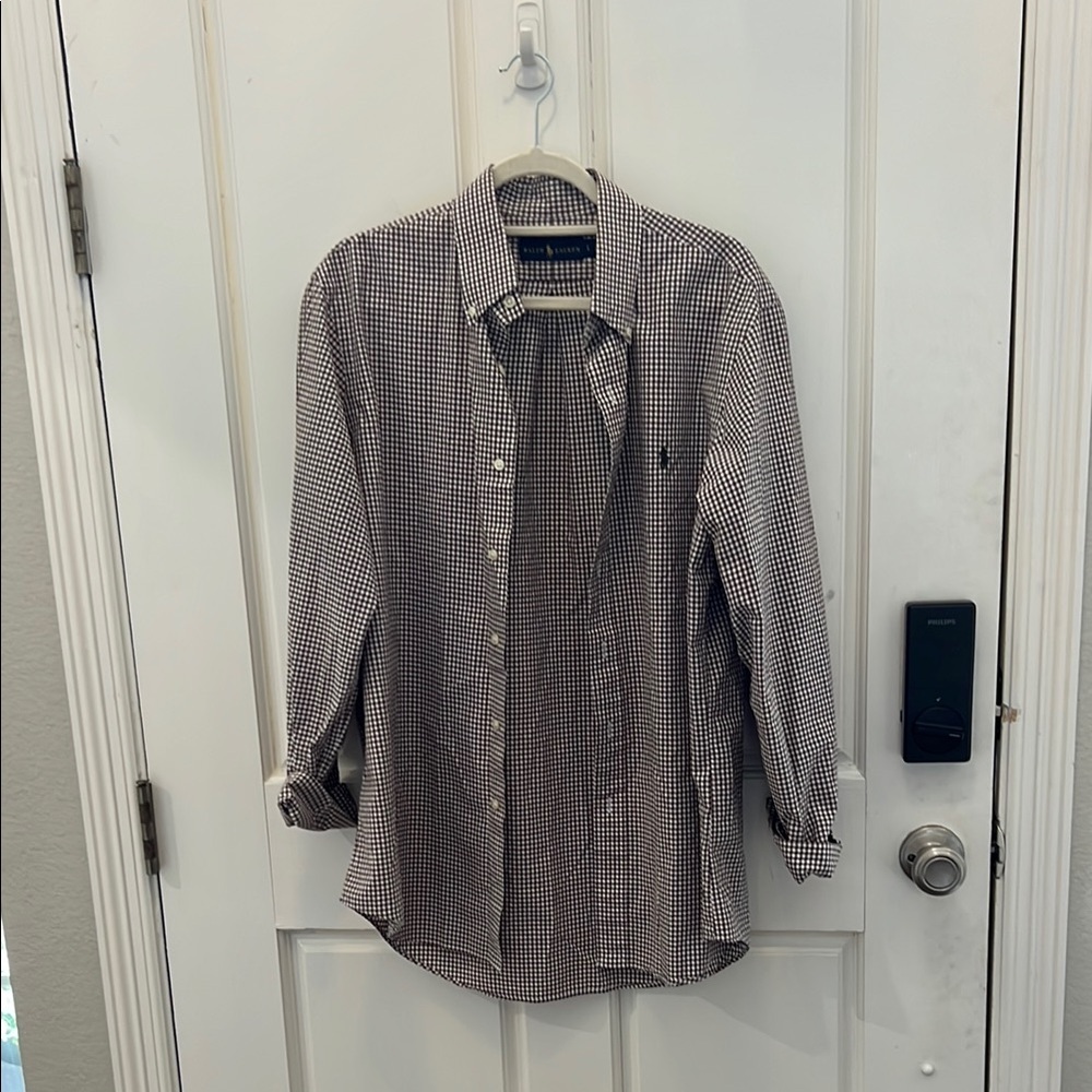 EUC Ralph Lauren shirt. Brown and white checkered. Size Large
